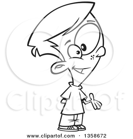 Lineart Clipart of a Cartoon Black and White Boy Presenting or Giving Someone Else a Turn - Royalty Free Outline Vector Illustration by toonaday