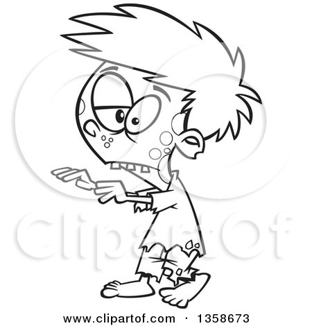 Lineart Clipart of a Cartoon Black and White Halloween Zombie Boy Walking with His Arms out - Royalty Free Outline Vector Illustration by toonaday
