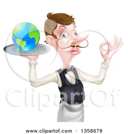 Clipart of a Cartoon Caucasian Male Waiter with a Curling Mustache, Gesturing Ok and Holding Earth on a Tray - Royalty Free Vector Illustration by AtStockIllustration