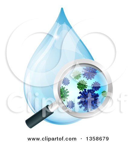 Clipart of a Magnifying Glass Discovering Microscopic Bacteria in a Water Drop - Royalty Free Vector Illustration by AtStockIllustration