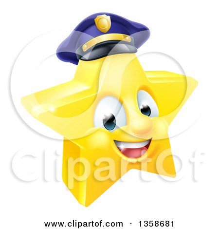 Clipart of a 3d Happy Golden Police Office Star Emoji Emoticon Character Wearing a Hat - Royalty Free Vector Illustration by AtStockIllustration