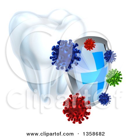 Clipart of a 3d Dental Shield Protecting a Tooth from Germs - Royalty Free Vector Illustration by AtStockIllustration