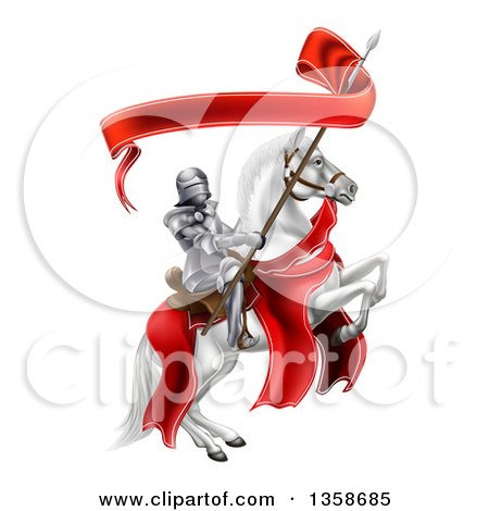 Clipart of a 3d Fully Armored Medieval Knight on a Rearing White Horse, Holding a Banner Ribbon on a Spear - Royalty Free Vector Illustration by AtStockIllustration