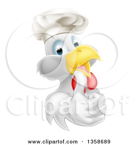 Clipart of a Cartoon Happy White Chef Chicken Wearing a Toque Hat and Giving a Thumb - Royalty Free Vector Illustration by AtStockIllustration