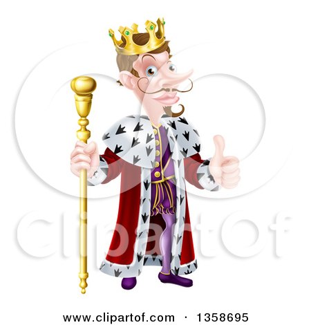 Clipart of a Happy Brunette White King Giving a Thumb up and Holding a Gold Staff - Royalty Free Vector Illustration by AtStockIllustration