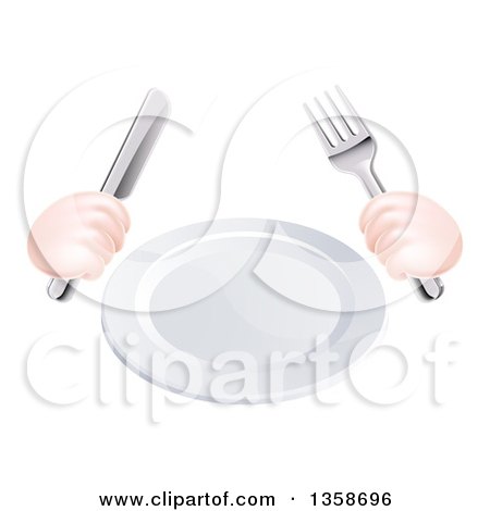 Clipart of Cartoon Caucasian Hands Holding a Knife and Fork by a Clean White Plate - Royalty Free Vector Illustration by AtStockIllustration