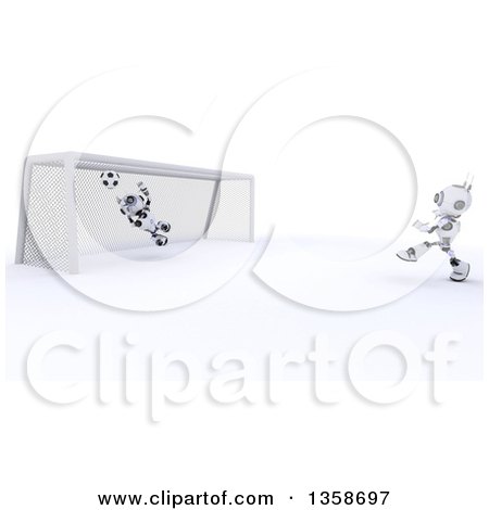 Clipart of a 3d Futuristic Robot Kicking a Soccer Ball into a Goal, on a Shaded White Background - Royalty Free Illustration by KJ Pargeter