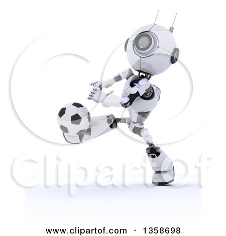 Clipart of a 3d Futuristic Robot Kicking a Soccer Ball, on a Shaded White Background - Royalty Free Illustration by KJ Pargeter