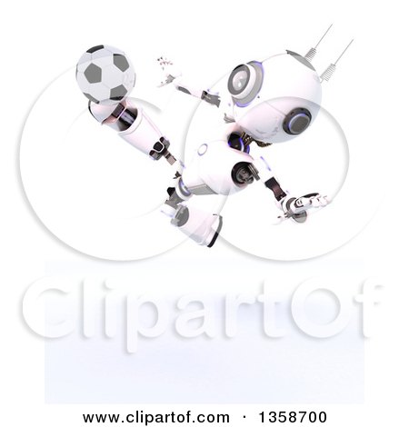 Clipart of a 3d Futuristic Robot Kicking a Soccer Ball, on a Shaded White Background - Royalty Free Illustration by KJ Pargeter