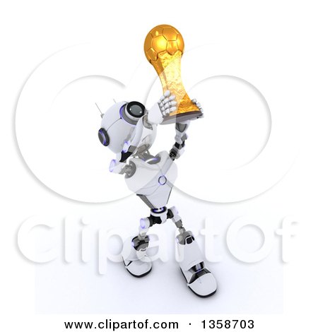 Clipart of a 3d Futuristic Robot Soccer Player Holding up a Gold Trophy, on a Shaded White Background - Royalty Free Illustration by KJ Pargeter