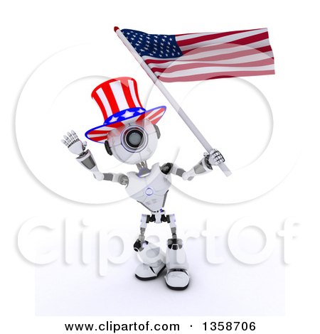 Clipart of a 3d Futuristic Robot Uncle Sam Waving and Holding an American Flag, on a Shaded White Background - Royalty Free Illustration by KJ Pargeter