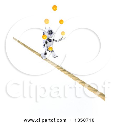 Clipart of a 3d Futuristic Robot Juggling Balls and Walking a Tight Rope, on a Shaded White Background - Royalty Free Illustration by KJ Pargeter