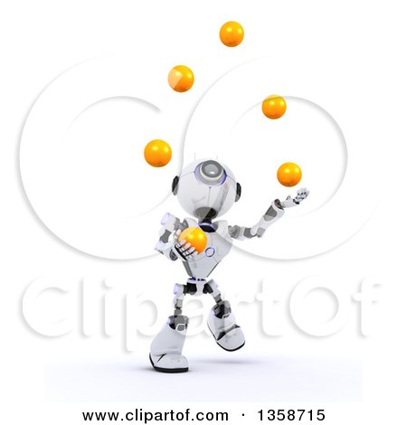 Clipart of a 3d Futuristic Robot Juggling Balls, on a Shaded White Background - Royalty Free Illustration by KJ Pargeter