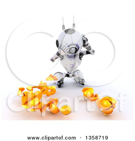 Clipart of a 3d Futuristic Robot Juggler Dropping and Breaking Balls, on a Shaded White Background - Royalty Free Illustration by KJ Pargeter