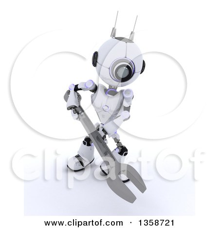 Clipart of a 3d Futuristic Robot Using a Giant Wrench, on a Shaded White Background - Royalty Free Illustration by KJ Pargeter