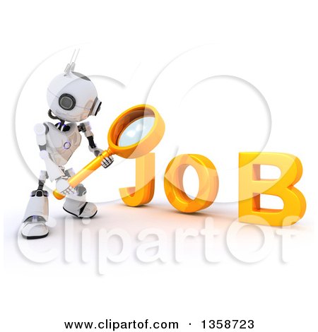 Clipart of a 3d Futuristic Robot Using a Magnifying Glass to Search for a Job, on a Shaded White Background - Royalty Free Illustration by KJ Pargeter