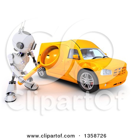 Clipart of a 3d Futuristic Robot Using a Magnifying Glass to Search for a Van, on a Shaded White Background - Royalty Free Illustration by KJ Pargeter