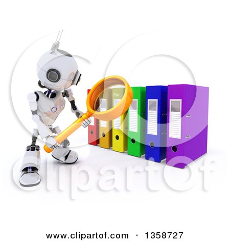 Clipart of a 3d Futuristic Robot Using a Magnifying Glass to Search Binder Archives, on a Shaded White Background - Royalty Free Illustration by KJ Pargeter