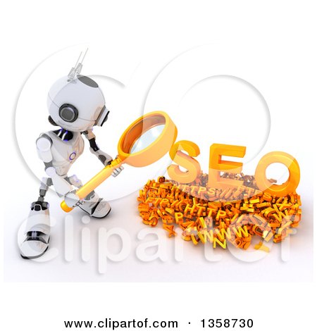Clipart of a 3d Futuristic Robot Using a Magnifying Glass to Search Online, on a Shaded White Background - Royalty Free Illustration by KJ Pargeter
