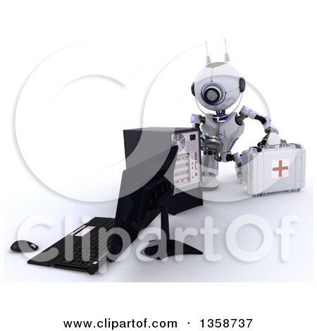 Clipart of a 3d Futuristic First Responder Repair Robot Using a Stethoscope on a Computer and Holding a First Aid Kit, on a Shaded White Background - Royalty Free Illustration by KJ Pargeter