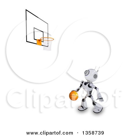 Clipart of a 3d Futuristic Robot Playing Basketball, on a Shaded White Background - Royalty Free Illustration by KJ Pargeter