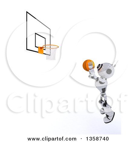 Clipart of a 3d Futuristic Robot Shooting a Basketball, on a Shaded White Background - Royalty Free Illustration by KJ Pargeter
