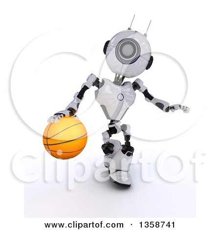 Clipart of a 3d Futuristic Robot Dribbling a Basketball, on a Shaded White Background - Royalty Free Illustration by KJ Pargeter