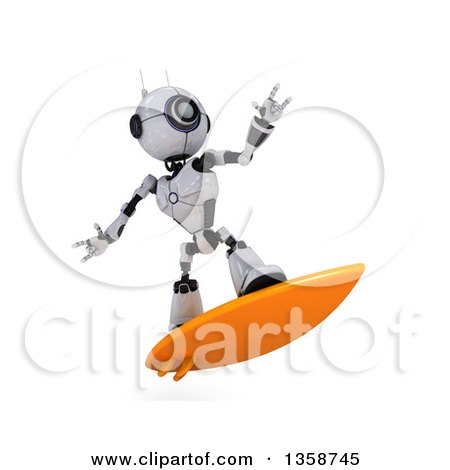 Clipart of a 3d Futuristic Robot Surfing, on a Shaded White Background - Royalty Free Illustration by KJ Pargeter