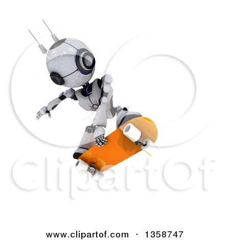 Clipart of a 3d Futuristic Robot Jumping and Skateboarding, on a Shaded White Background - Royalty Free Illustration by KJ Pargeter