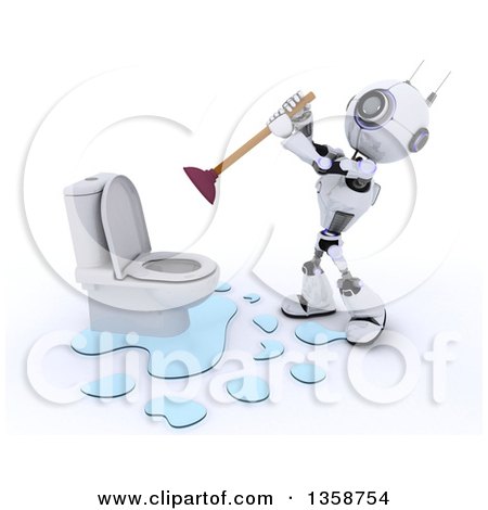 Clipart of a 3d Futuristic Robot Plumber Working on a Leaking Toilet, on a Shaded White Background - Royalty Free Illustration by KJ Pargeter