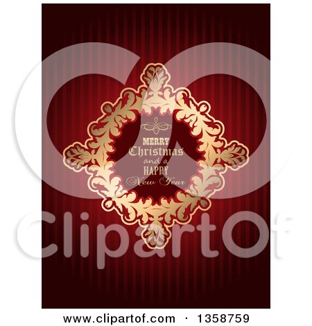 Clipart of a Merry Christmas and a Happy New Year Golden Frame over Red Stripes - Royalty Free Vector Illustration by KJ Pargeter