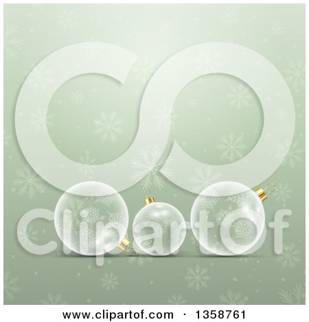 Clipart of a Christmas Background of Transparent Glass Baubles over Green with Snowflakes - Royalty Free Vector Illustration by KJ Pargeter