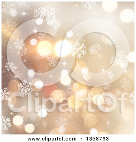 Clipart of a Christmas Winter Background of Snowflakes and Bokeh Flares over Gold - Royalty Free Illustration by KJ Pargeter