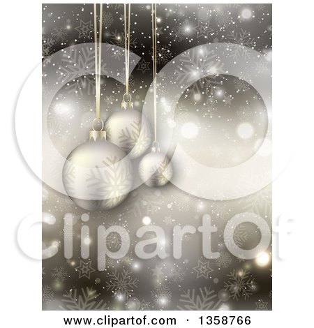 Clipart of a 3d Suspended Christmas Baubles over Snowflakes, Flares and Stars - Royalty Free Vector Illustration by KJ Pargeter