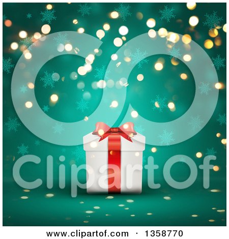 Clipart of a 3d White and Red Christmas Gift Box over a Green Background with Bokeh Lights and Snowflakes - Royalty Free Illustration by KJ Pargeter