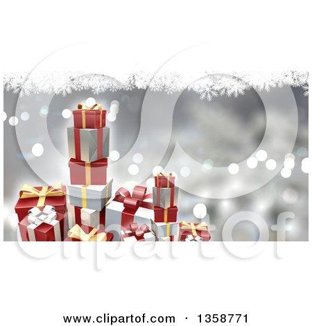 Clipart of a 3d Stacks of Christmas Gifts over a Silver Background of Bokeh Lights and Snowflakes - Royalty Free Illustration by KJ Pargeter