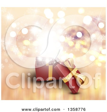 Clipart of a 3d Open Christmas Gift Box with Magical Lights and Snowflakes - Royalty Free Illustration by KJ Pargeter