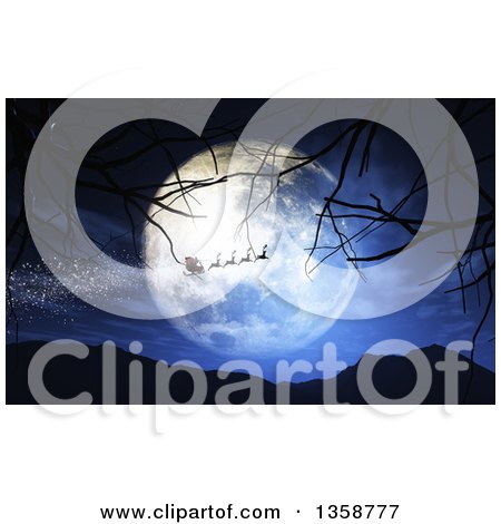 Clipart of a 3d Silhouetted Santa Flying His Magic Sleigh over a Full Moon and Mountains, with Bare Branches - Royalty Free Illustration by KJ Pargeter
