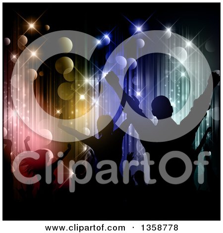 Clipart of a Silhouetted Crowd of People Dancing over Colorful Vertical Lights and Flares on Black - Royalty Free Vector Illustration by KJ Pargeter