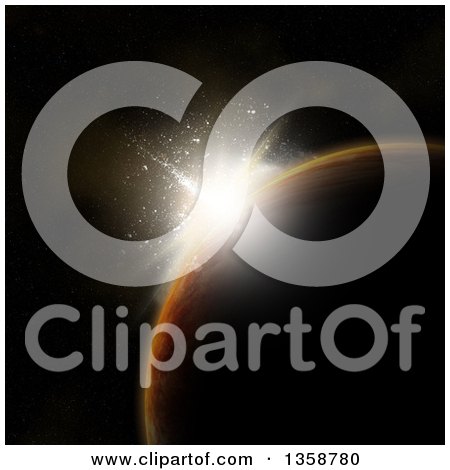 Clipart of a 3d Sunrise Behind a Fictional Planet, over Black - Royalty Free Illustration by KJ Pargeter
