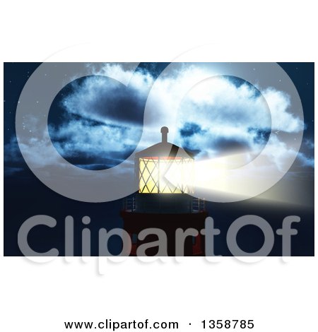 Clipart of a 3d Lighthouse Beacon Shining Against a Night Sky - Royalty Free Illustration by KJ Pargeter