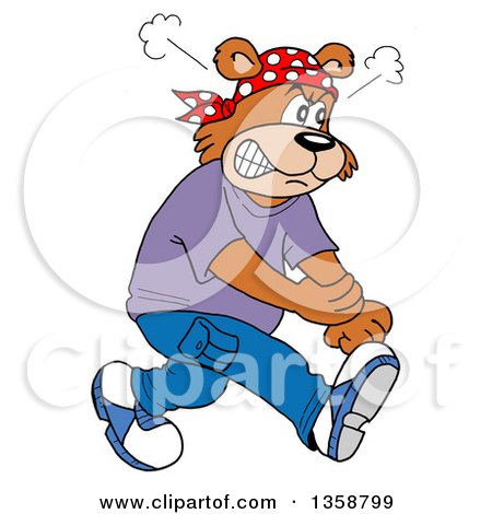 Clipart of a Cartoon Angry Bear Rapper Rolling up His Sleeves - Royalty Free Vector Illustration by LaffToon