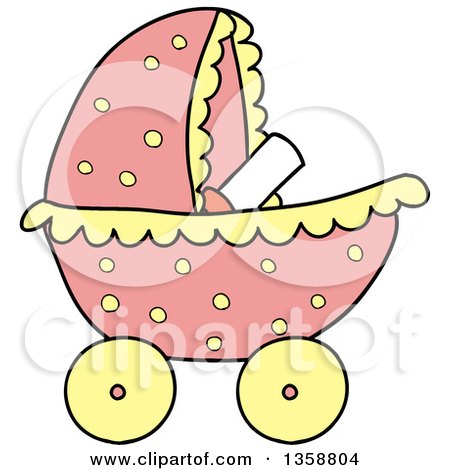 Clipart of a Cartoon Pink Polka Dot Baby Girl Stroller - Royalty Free Vector Illustration by LaffToon