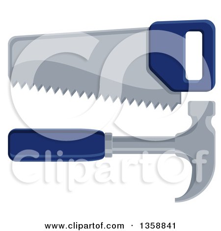 Clipart of a Blue Handled Carpenter's Hand Saw and Hammer - Royalty Free Vector Illustration by AtStockIllustration