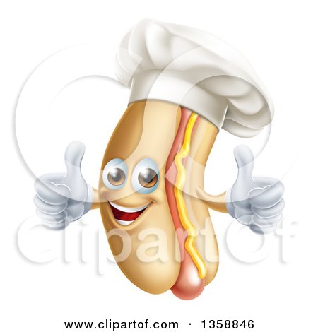 Clipart of a Cartoon Happy Chef Hot Dog Mascot with Mustard, Giving Two Thumbs up - Royalty Free Vector Illustration by AtStockIllustration