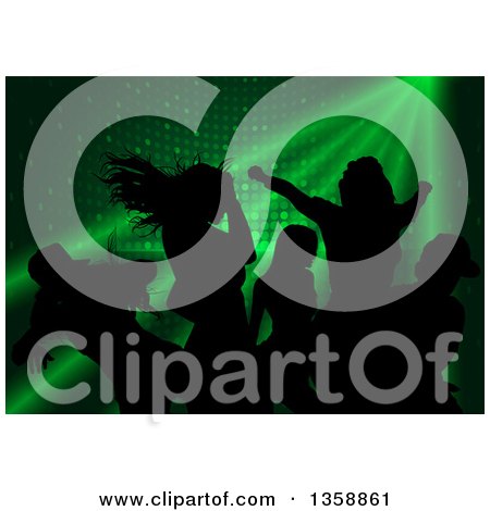 Clipart of a Background of Black Silhouetted Young Dancers over Green Lights and Disco Circles - Royalty Free Vector Illustration by dero