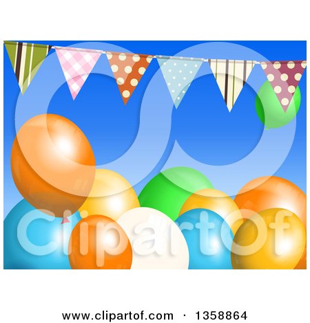 Clipart of a Background of 3d Colorful Party Balloons Under a Bunting Banner on Blue - Royalty Free Vector Illustration by elaineitalia