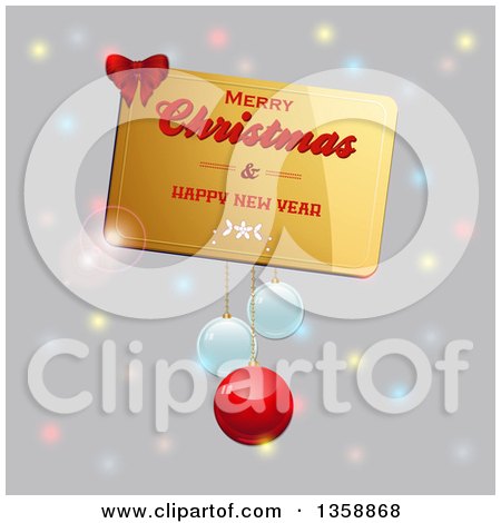 Clipart of a 3d Gold Merry Christmas and Happy New Year Card with a Bow and Suspended Baubles over Gray with Colorful Lights - Royalty Free Vector Illustration by elaineitalia