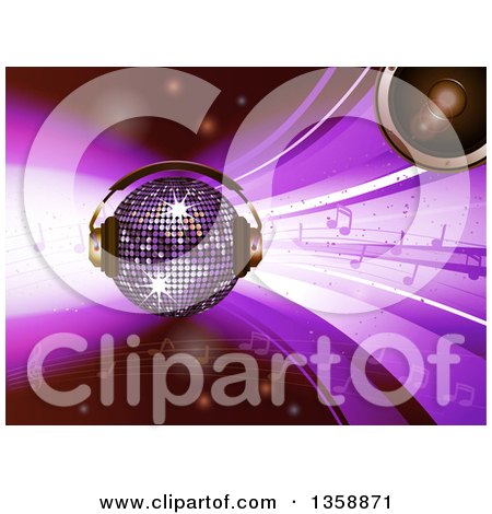 Clipart of a 3d Sparkling Disco Ball with a Speaker, Headphones, and Music Notes over Purple Waves - Royalty Free Vector Illustration by elaineitalia