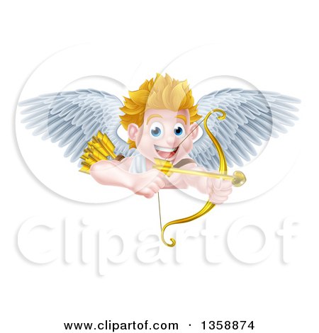 Clipart of a Happy Blond Caucasian Valentines Day Cupid Aiming a Gold Heart Arrow with His Bow over a Sign - Royalty Free Vector Illustration by AtStockIllustration